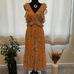 LC Lauren Conrad Flutter Sleeve Maxi Dress Orange Floral Size Medium